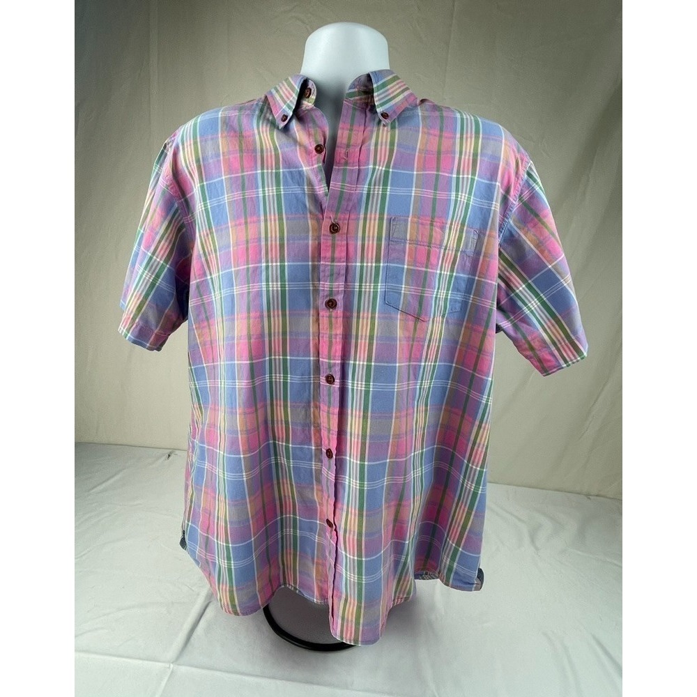 LANDS END MENS XL TRADITIONAL FIT PLAID BUTTON DOWN SHORT SLEEVE SHIRT COTTON